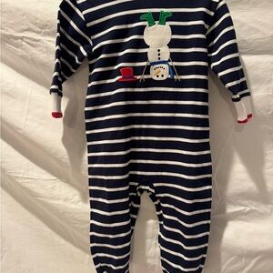 Navy Striped Kids Florence Eiseman One Piece with Snowman Design